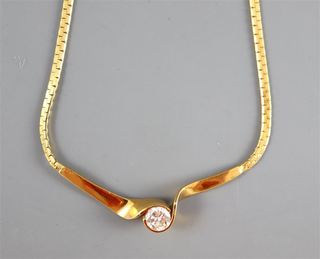 A modern 18ct gold flattened link and solitaire diamond set necklace,